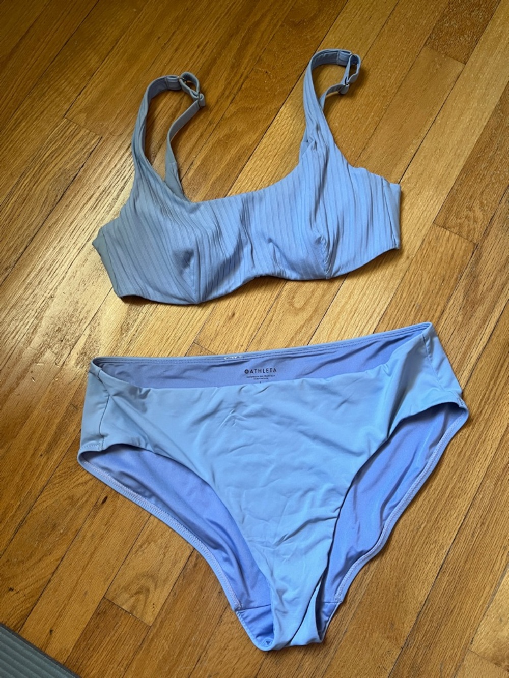 Athleta Bikini Set 34B/C Top & Large Bottom Blue Ribbed Swim